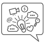 A speech bubble icon filled with creative icons