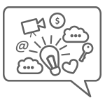 A speech bubble icon filled with creative icons